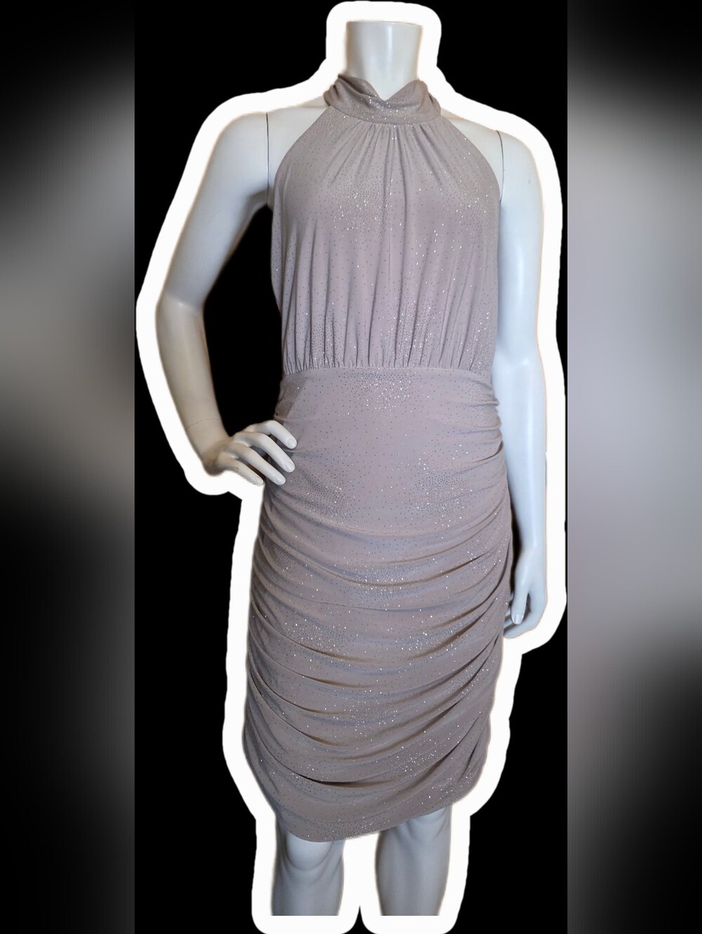 Halter Ruched Glitter Midi Dress - Taupe
